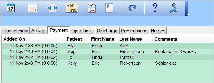 Payment list in veterinary practice to manage clients ready to pay for veterinary service